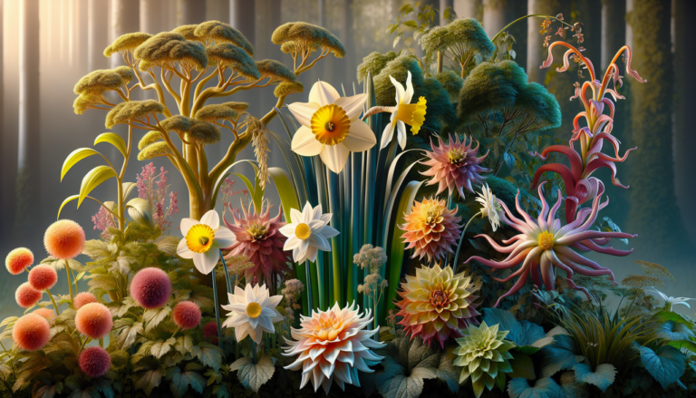 Illustration végétaux D: narcisses, marguerites, dahlias, dragonniers. Caractéristiques distinctes mises en valeur.