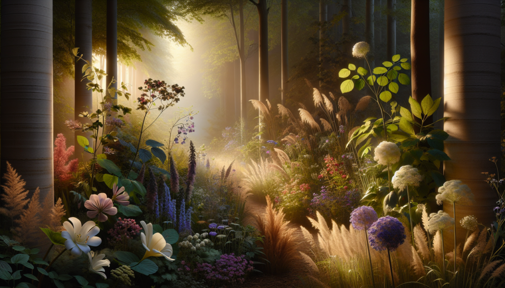 Végétaux en G. Scène boisée paisible au coucher du soleil, mettant en valeur une sélection vibrante de plantes commençant par la lettre G.