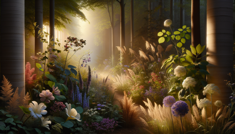 Végétaux en G. Scène boisée paisible au coucher du soleil, mettant en valeur une sélection vibrante de plantes commençant par la lettre G.