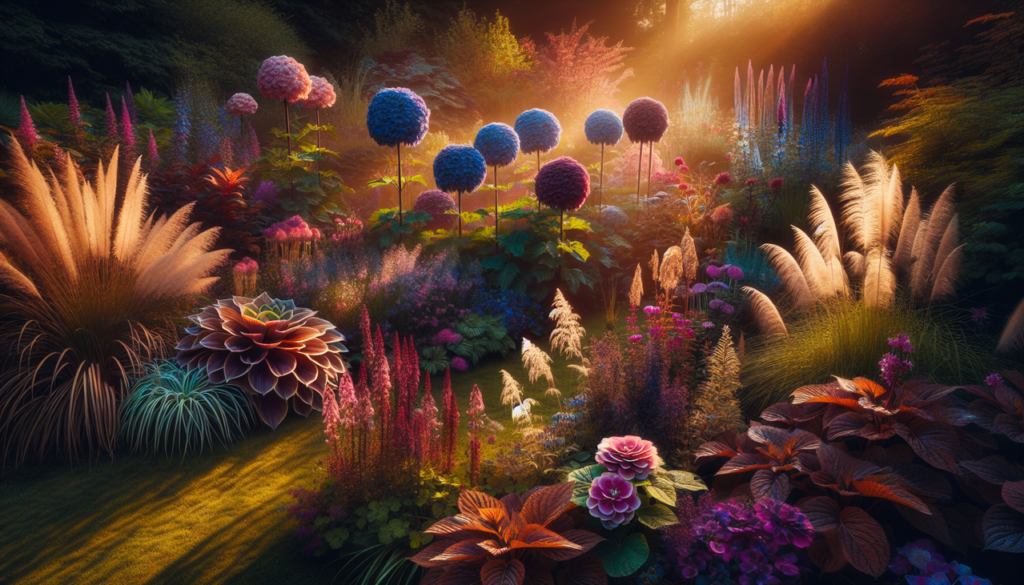 Plantes : Hortensia, Hellebore, Helianthus, Herbe de la Pampa, jardin lumineux, textures variées.