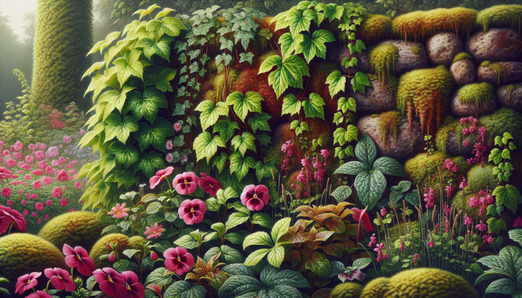 Illustration botanique riche avec végétaux "I" : mousse irlandaise, lierre, impatiens.