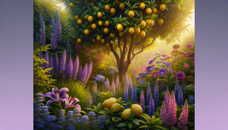 Végétaux en L dans un jardin luxuriant : lavande, lys, citronnier, mélèze, lobélie, lupin.