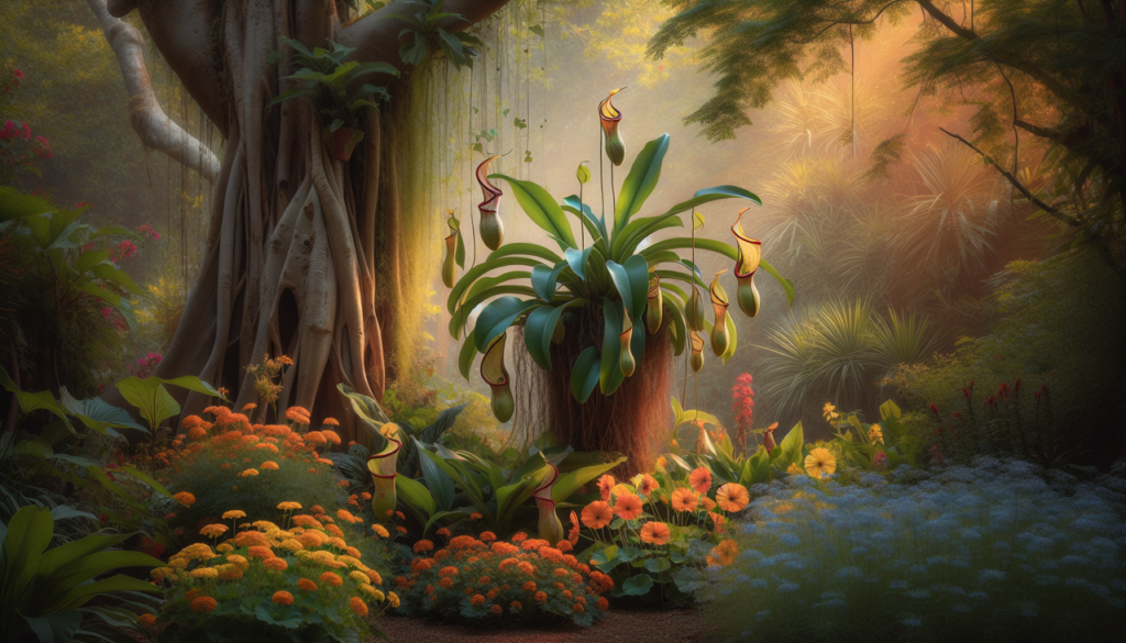 Affiche : "Végétaux en N - Jardin luxuriant avec Nepenthes, Neem, Nasturtiums, Nigellas et Nard grass sous la lumière naturelle."