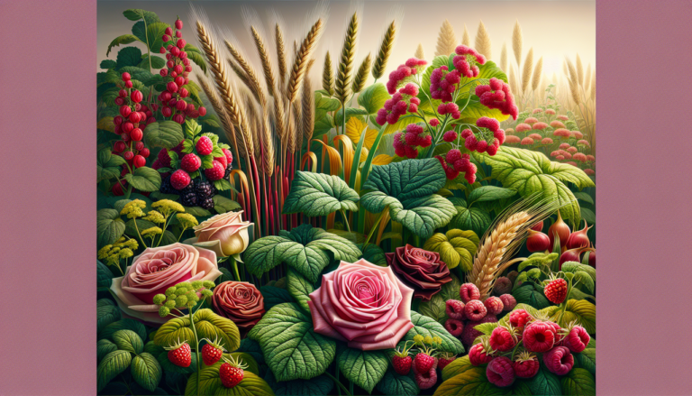 Illustration colorée de végétaux commençant par la lettre R, comme la Rhubarbe, les Roses, les Framboises et le seigle.
