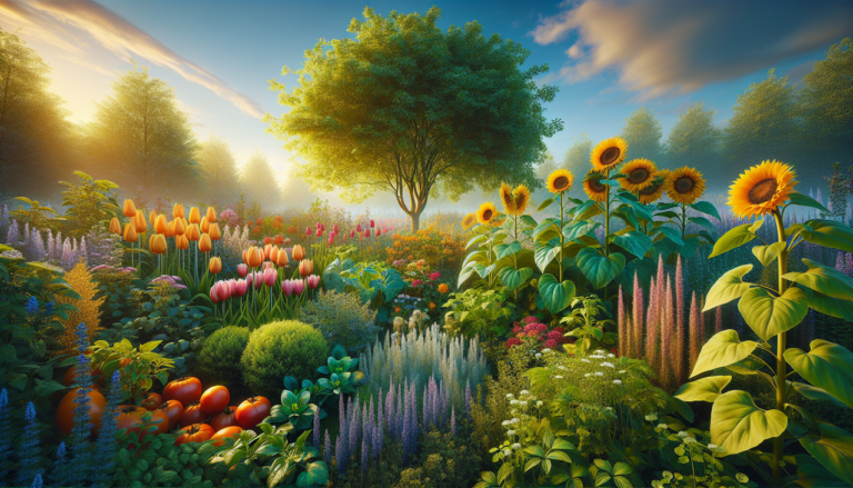 Végétaux en T : diversité avec tulipes, tomates, tournesols, thym, tilleul et teck.
