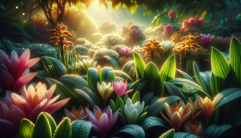 Plantes et fleurs exotiques en Z dans un jardin luxuriant.