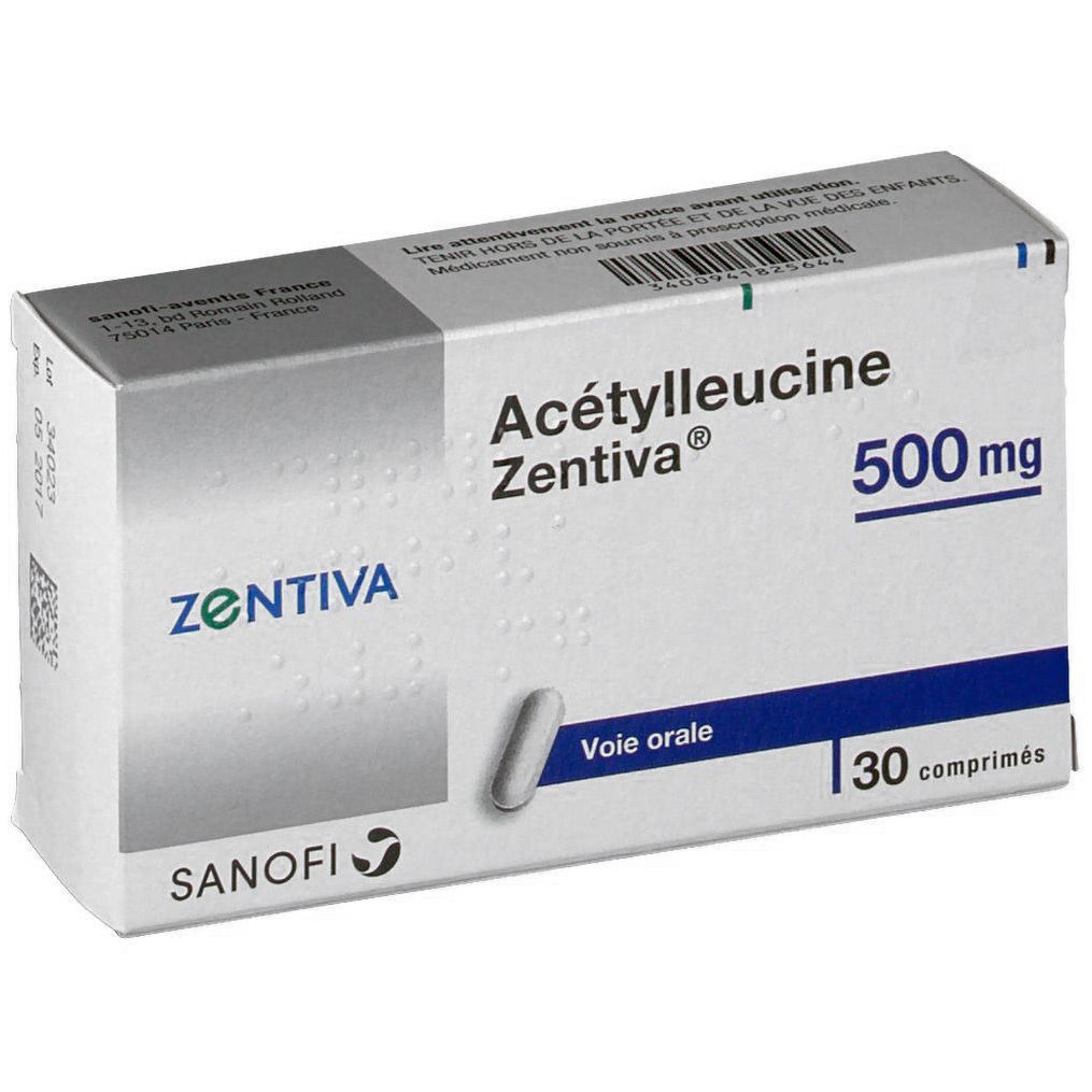 Boîte de comprimés Acétylleucine Zentiva 500 mg utilisée contre les vertiges légers sans ordonnance