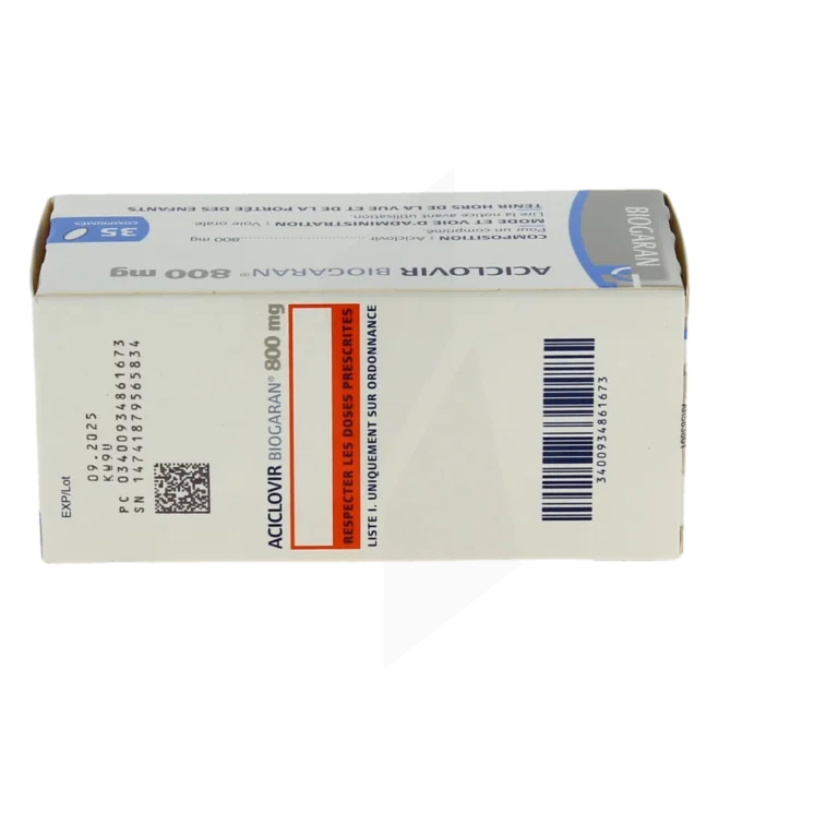 Boîte d'Aciclovir Biogaran 800 mg comprimé, un traitement antiviral soumis à réglementation