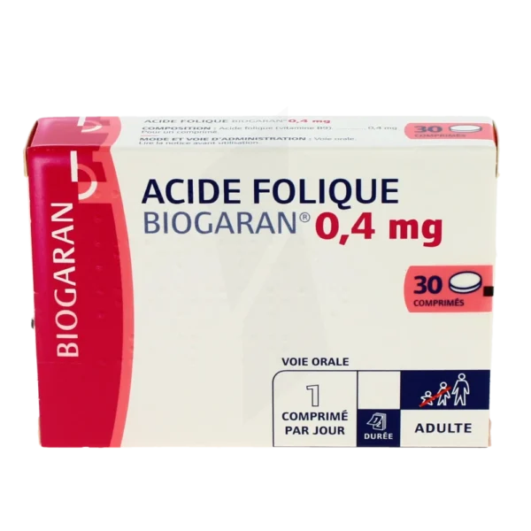 Boîte de comprimés Acide Folique Biogaran 0.4 mg disponible sans ordonnance