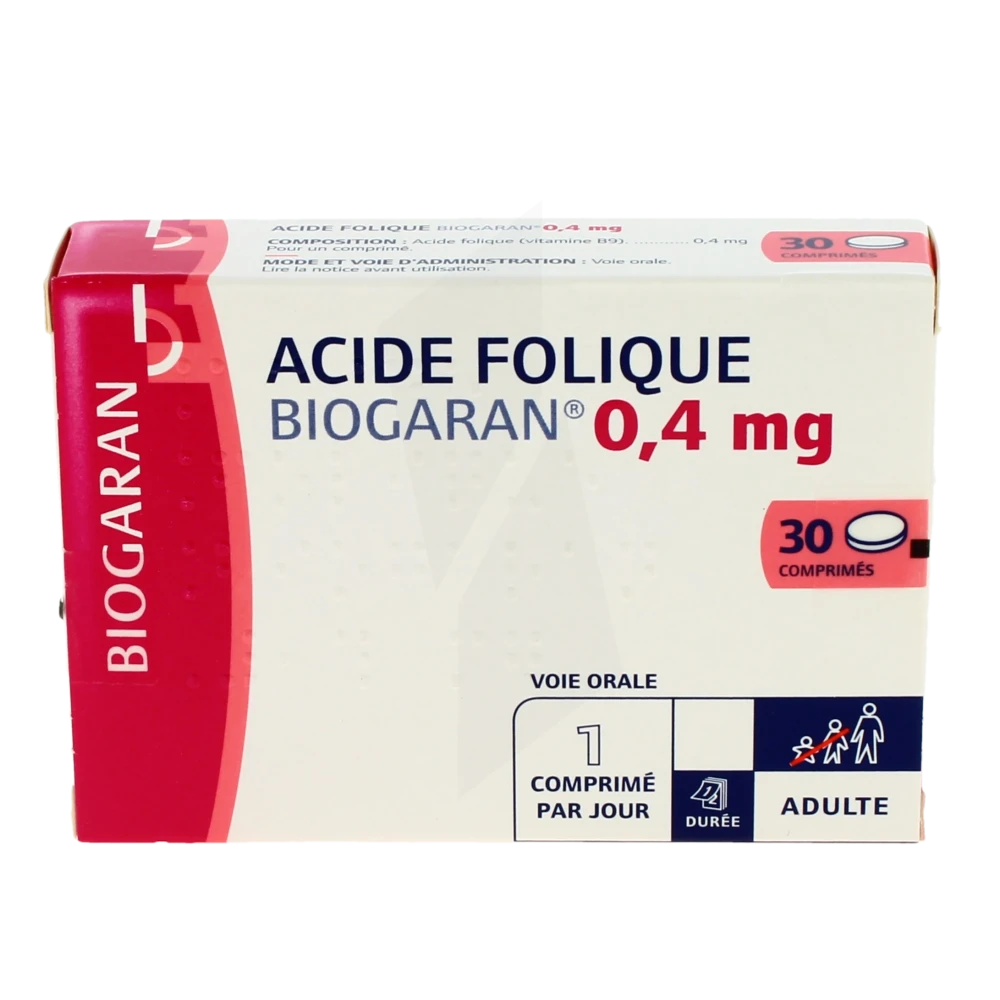Boîte de comprimés Acide Folique Biogaran 0.4 mg disponible sans ordonnance