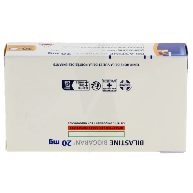 Boîte de Bilastine Biogaran 20 mg, médicament antihistaminique sans ordonnance
