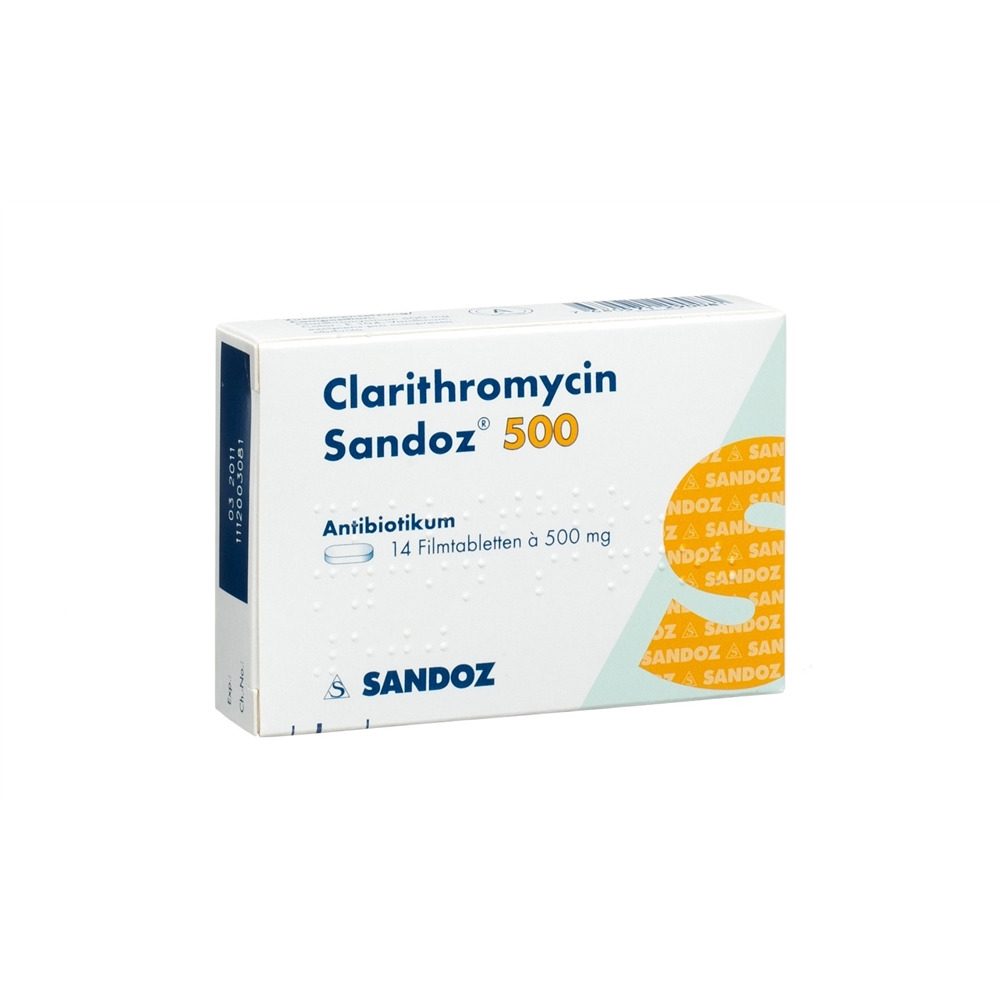 Boîte de Clarithromycine Sandoz 500 mg, médicament soumis à prescription médicale