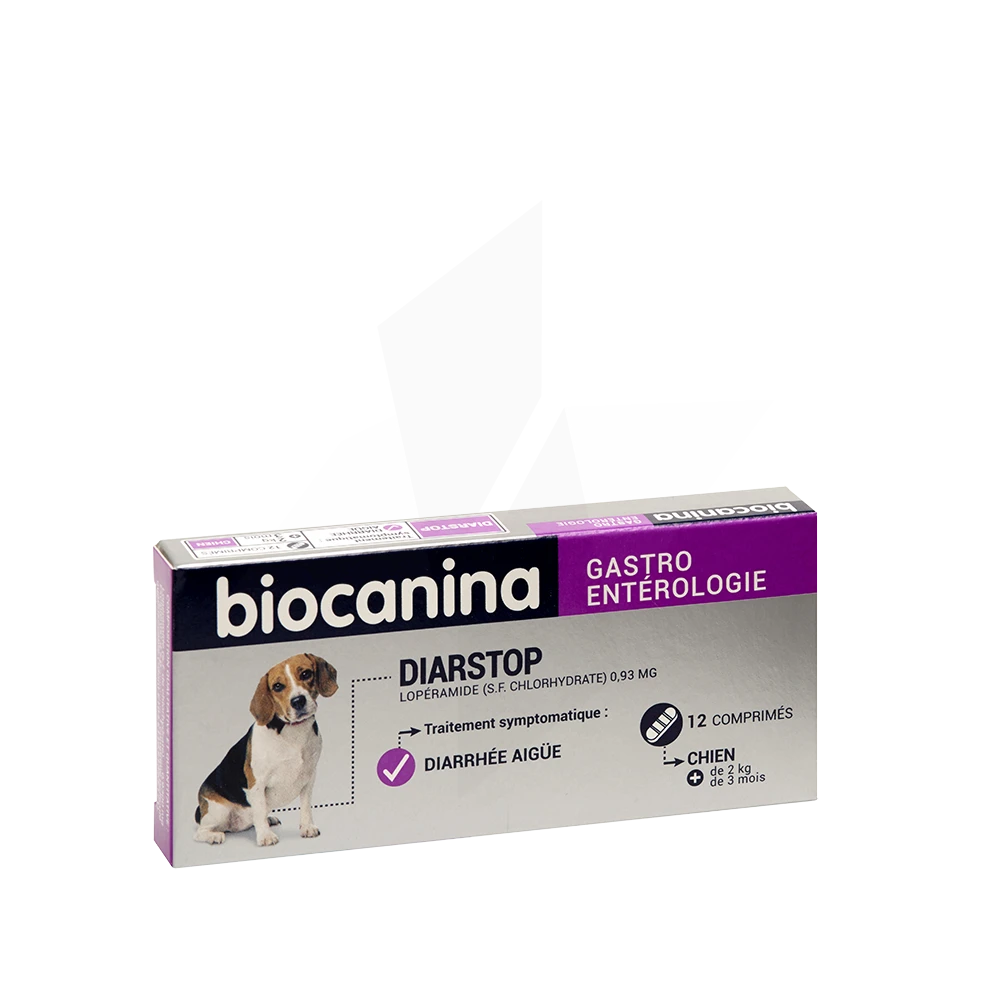 Boîte de comprimés Diarstop Biocanina, médicament sans ordonnance pour diarrhée du chien
