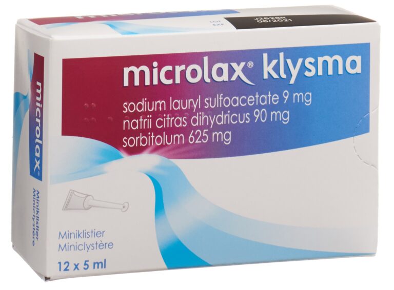 Boîte de Microlax 12 tubes présentée en pharmacie pour une utilisation sans ordonnance