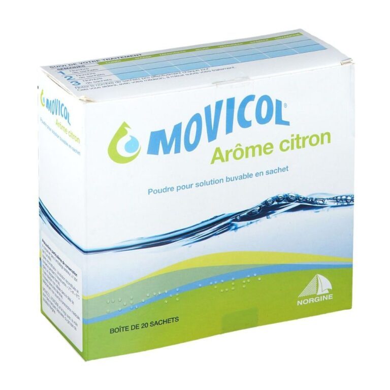Boîte de Movicol arôme citron en poudre pour solution buvable, en vente libre