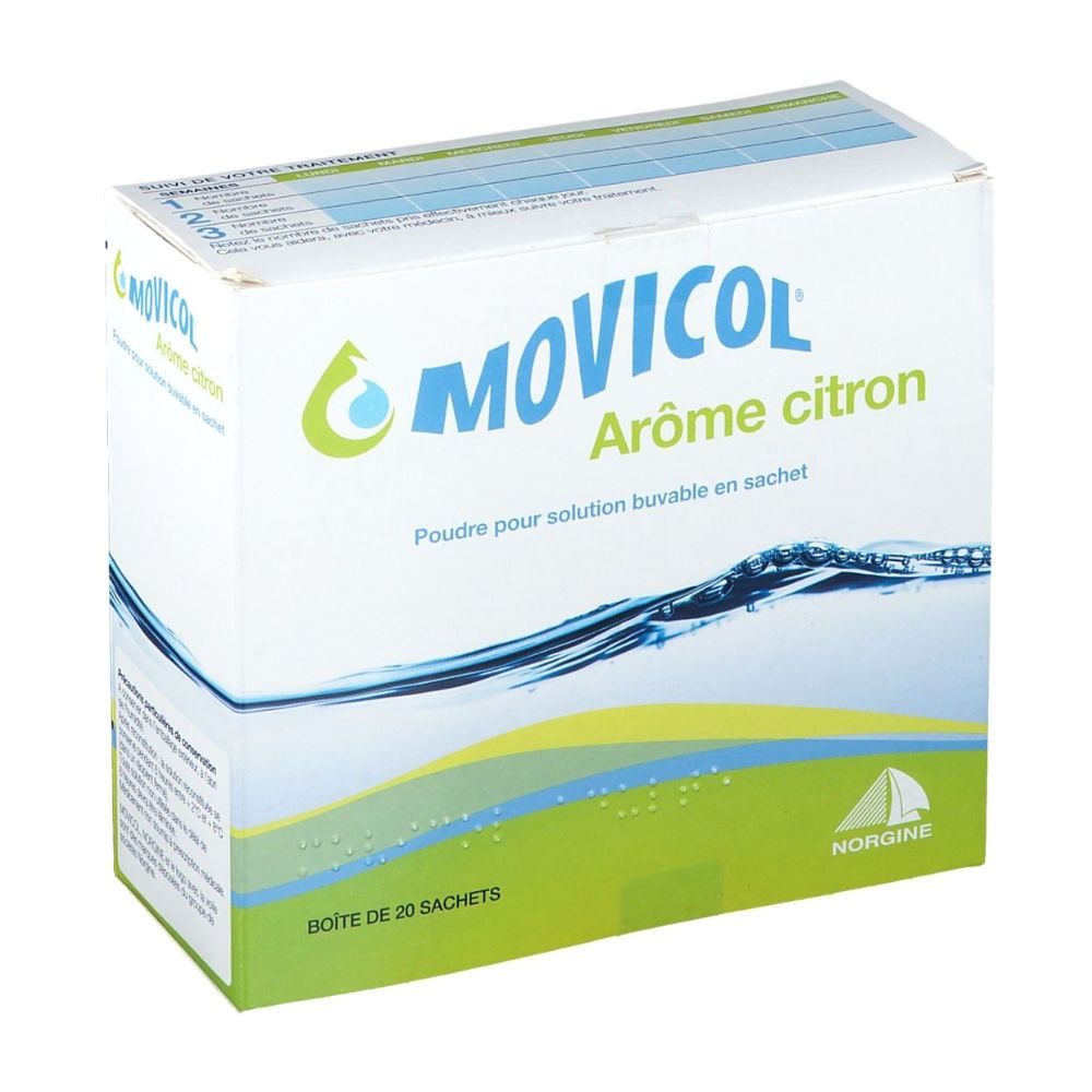 Boîte de Movicol arôme citron en poudre pour solution buvable, en vente libre