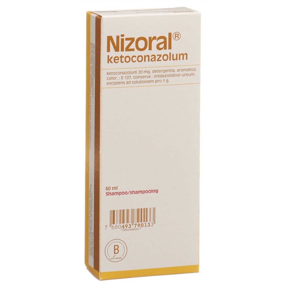 Flacon du shampooing Nizoral 20 mg affiché sur fond blanc pour traitement antipelliculaire