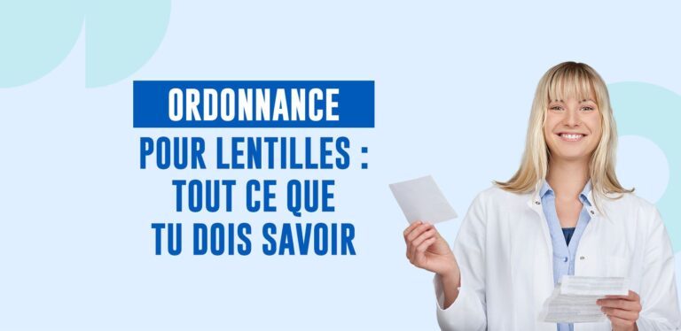 Ordonnance pour lentilles de contact posée sur une table avec boîtier de lentilles