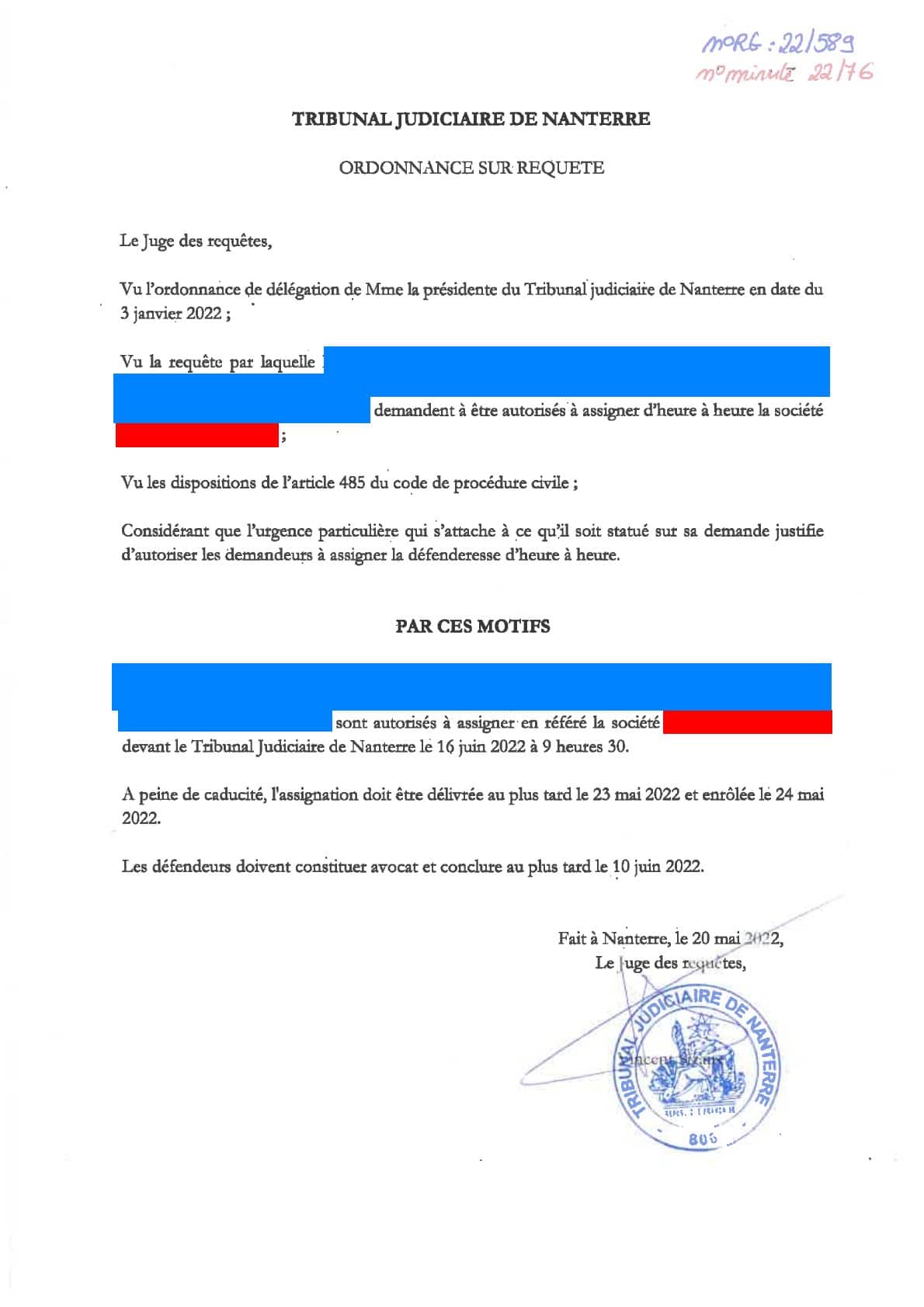 Ordonnance de référé - Procédure d'urgence