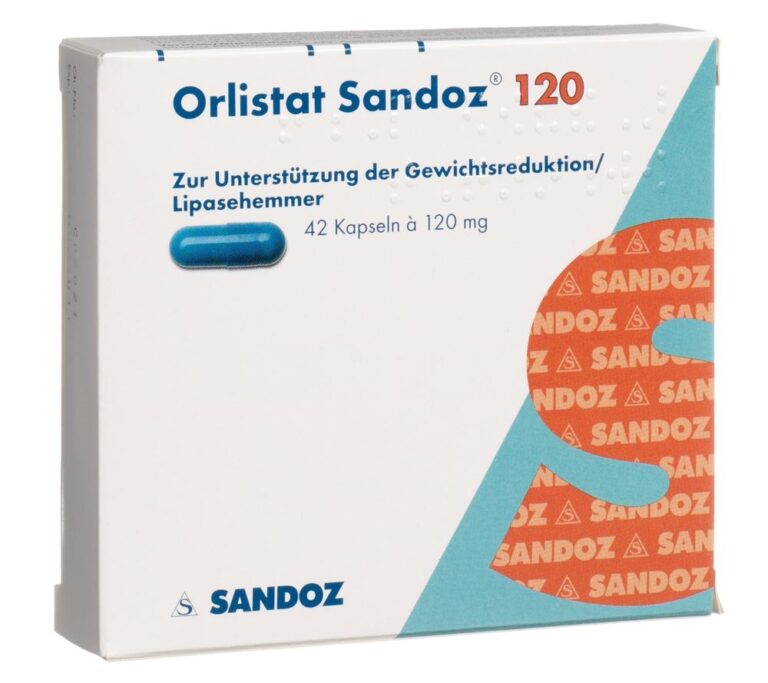 Boîte d'Orlistat Sandoz 120 mg, traitement populaire contre l'obésité sans ordonnance