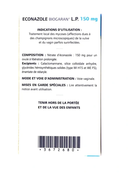 Ovule d'éconazole Biogaran 150 mg utilisé pour traiter les infections vaginales