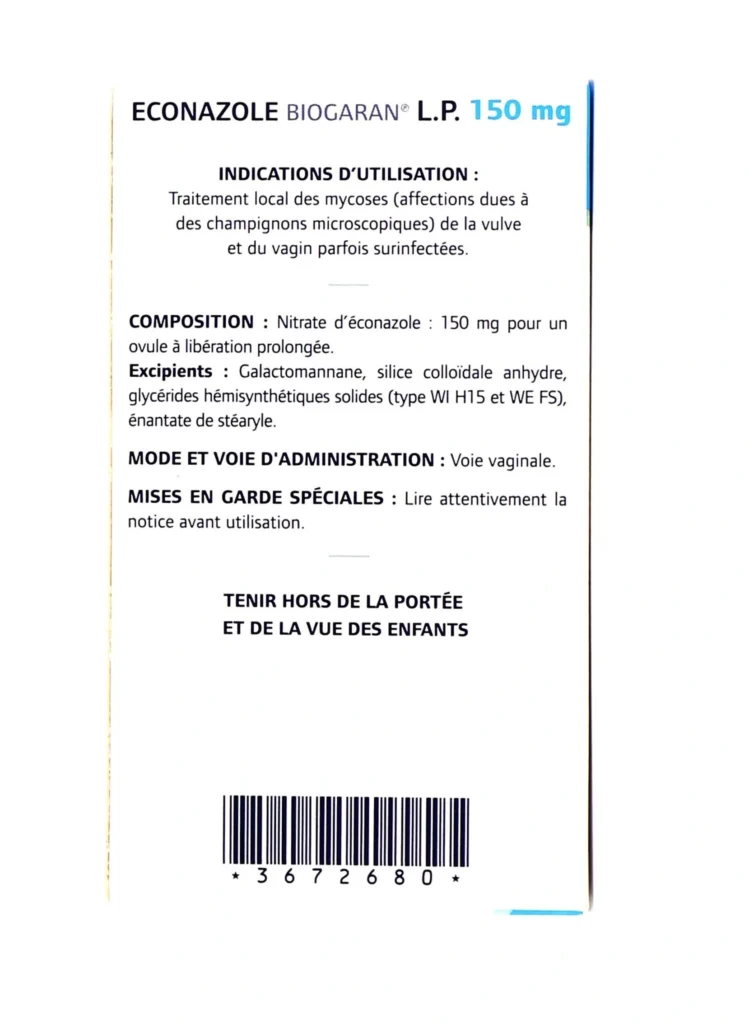 Ovule d'éconazole Biogaran 150 mg utilisé pour traiter les infections vaginales