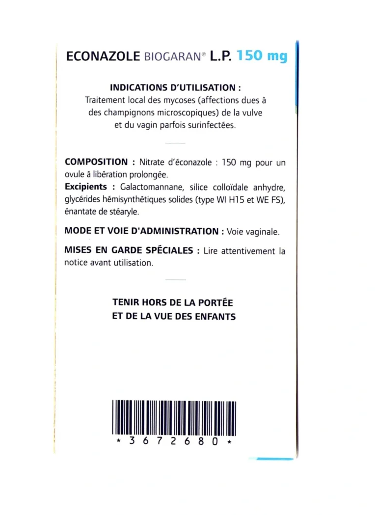 Ovule d'éconazole Biogaran 150 mg utilisé pour traiter les infections vaginales