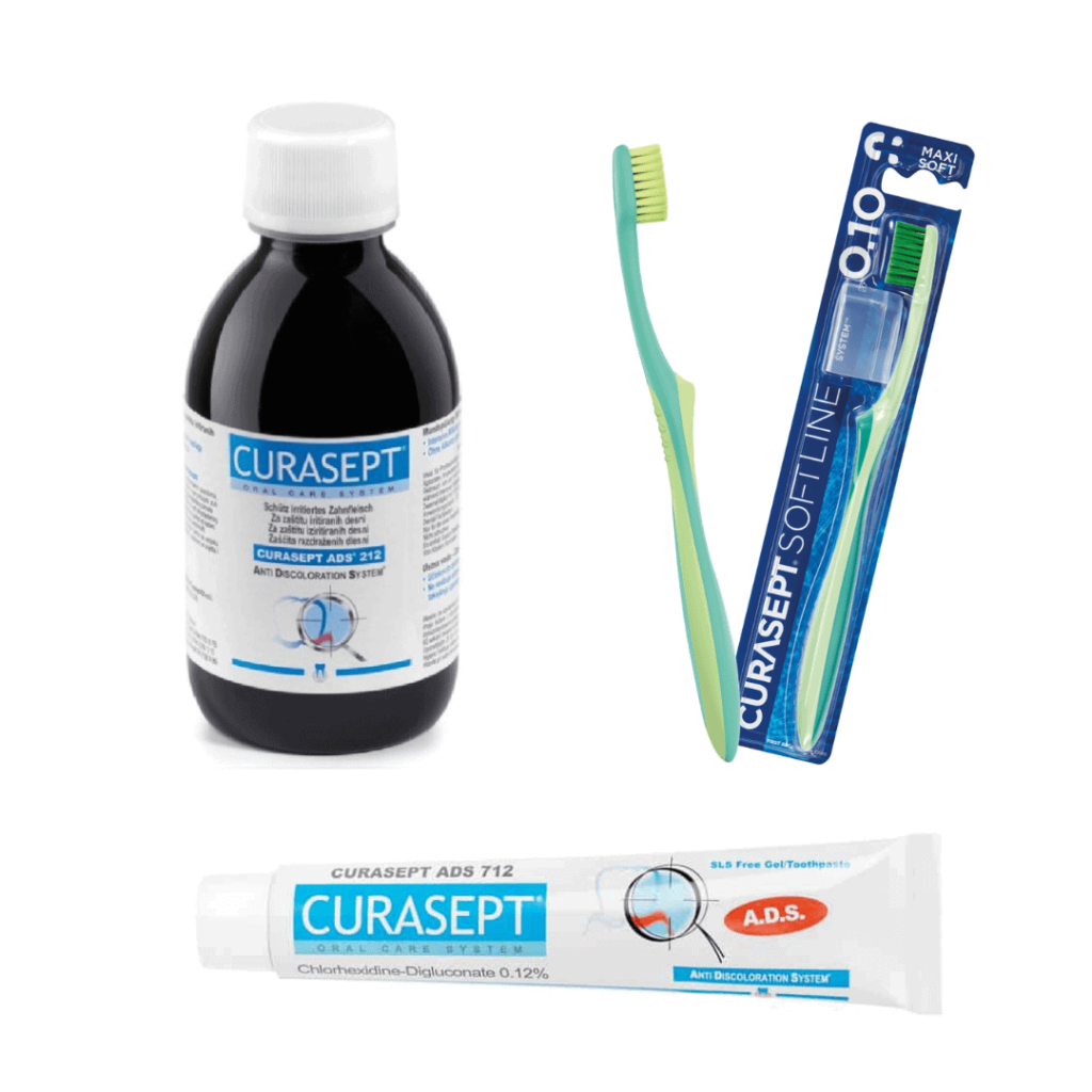 Pack de soins contre la gingivite sans ordonnance avec bain de bouche, dentifrice et brosse à dents