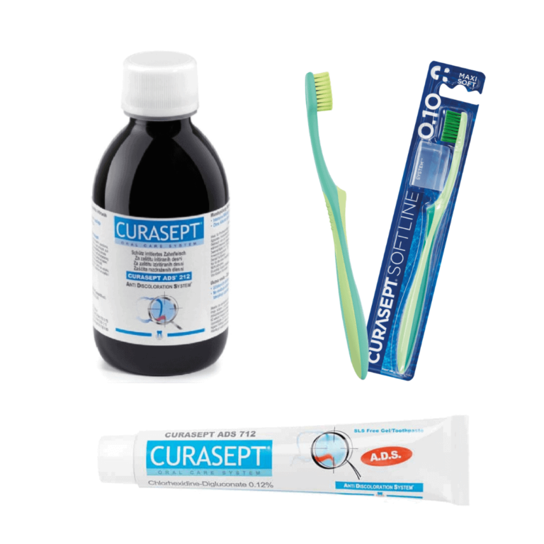 Pack de soins contre la gingivite sans ordonnance avec bain de bouche, dentifrice et brosse à dents