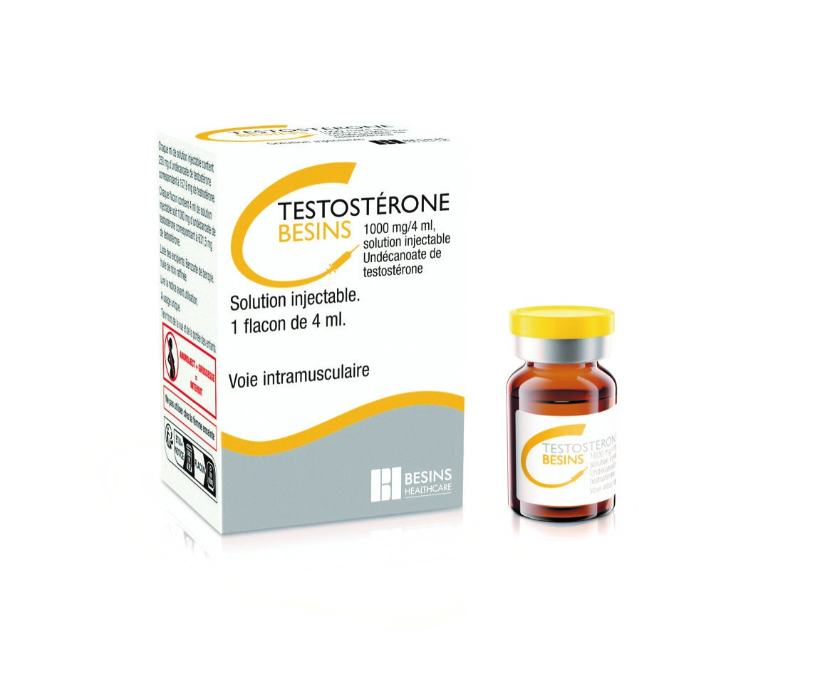 Boîte de Testostérone Besins, médicament populaire souvent évoqué pour la supplémentation hormonale