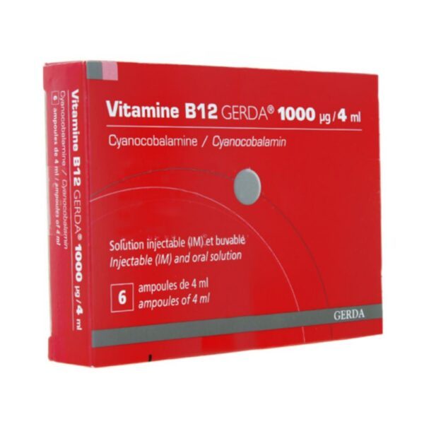 Boîte de Vitamine B12 Gerda avec ampoules injectables et buvables vendue en pharmacie