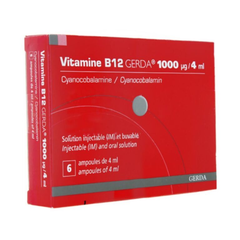 Boîte de Vitamine B12 Gerda avec ampoules injectables et buvables vendue en pharmacie